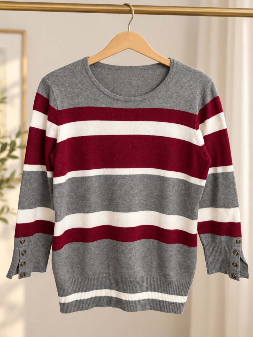 Joseph A Petite Striped Scoop Neck Sweater PS Gray Burgundy Cream